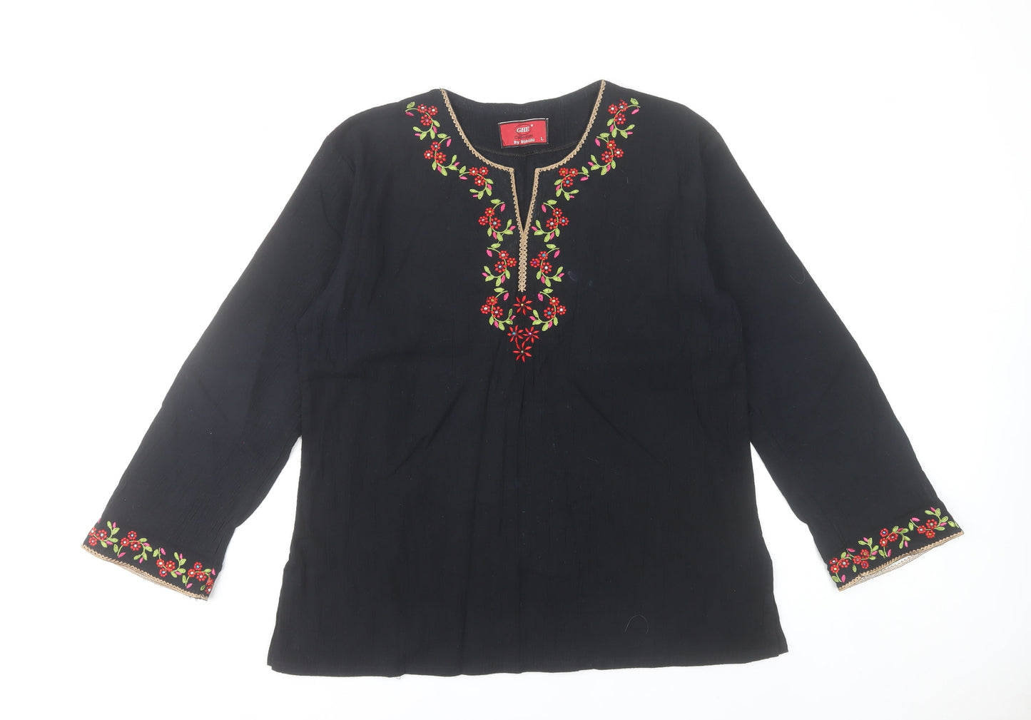 GHE Collection Women’s Black Tunic Blouse L Embroidered Floral Bohemian