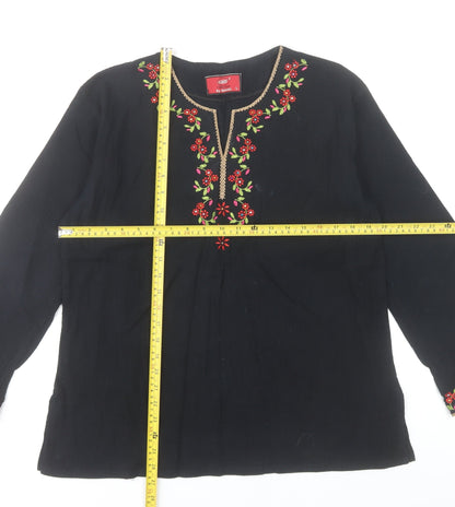 GHE Collection Women’s Black Tunic Blouse L Embroidered Floral Bohemian