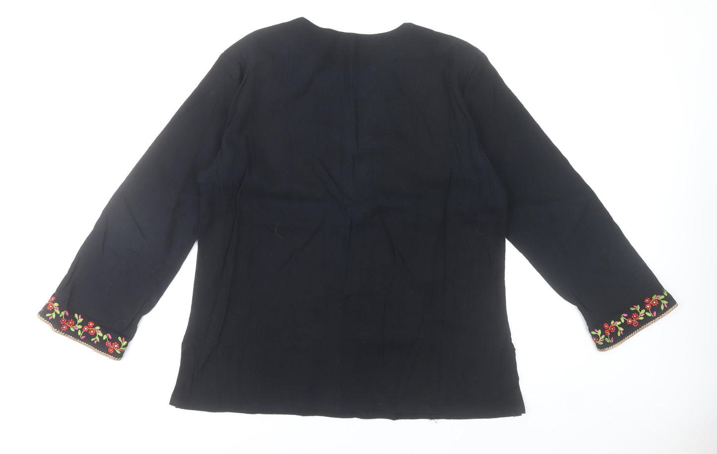 GHE Collection Women’s Black Tunic Blouse L Embroidered Floral Bohemian