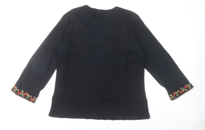 GHE Collection Women’s Black Tunic Blouse L Embroidered Floral Bohemian