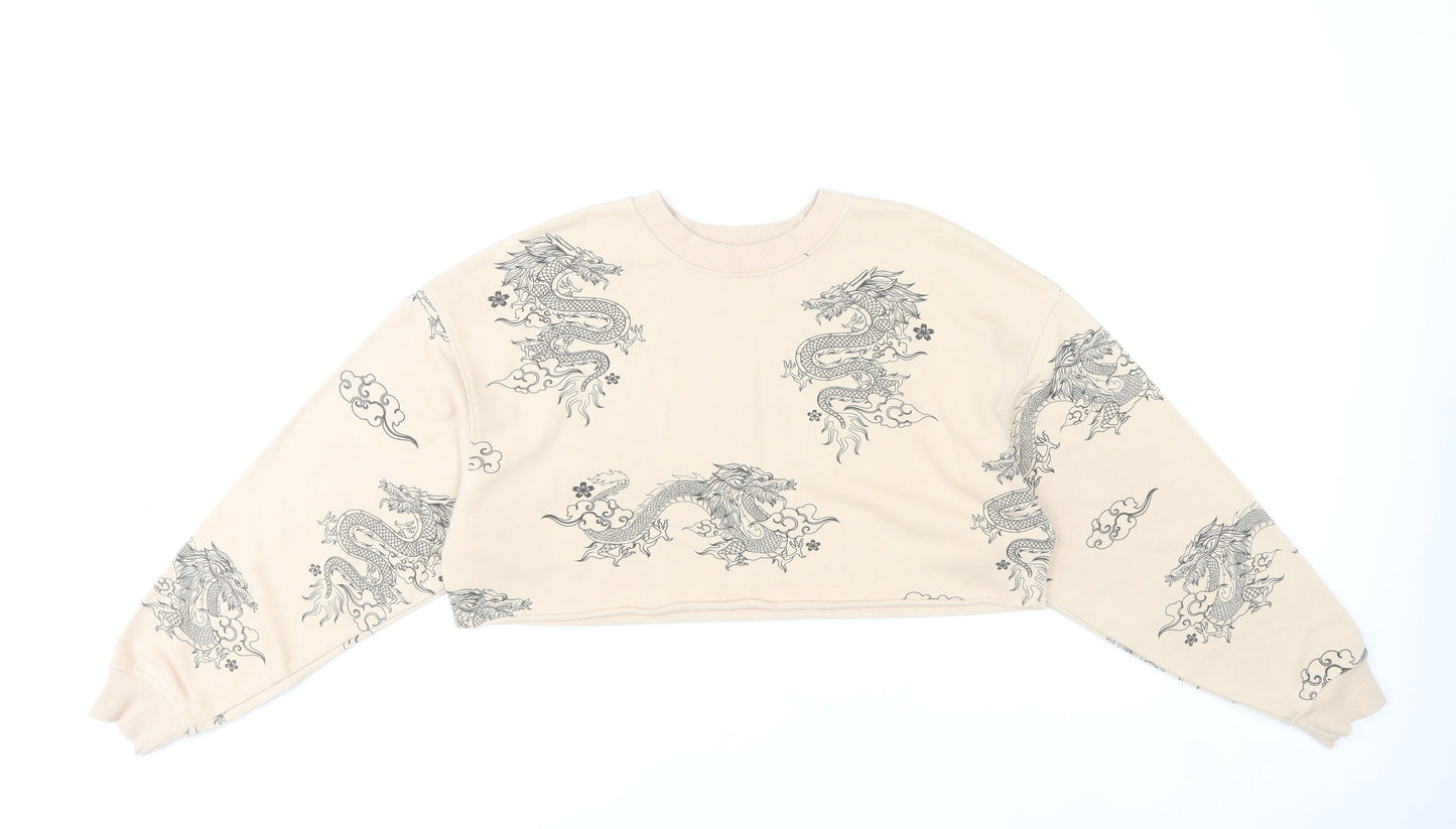 Bershka Women’s Beige Dragon Print Sweatshirt XS Pullover Crew Neck