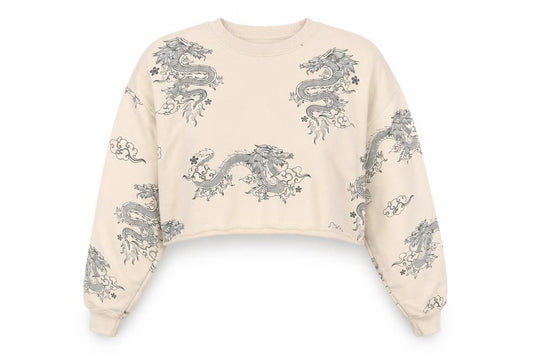 Bershka Women’s Beige Dragon Print Sweatshirt XS Pullover Crew Neck