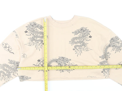 Bershka Women’s Beige Dragon Print Sweatshirt XS Pullover Crew Neck
