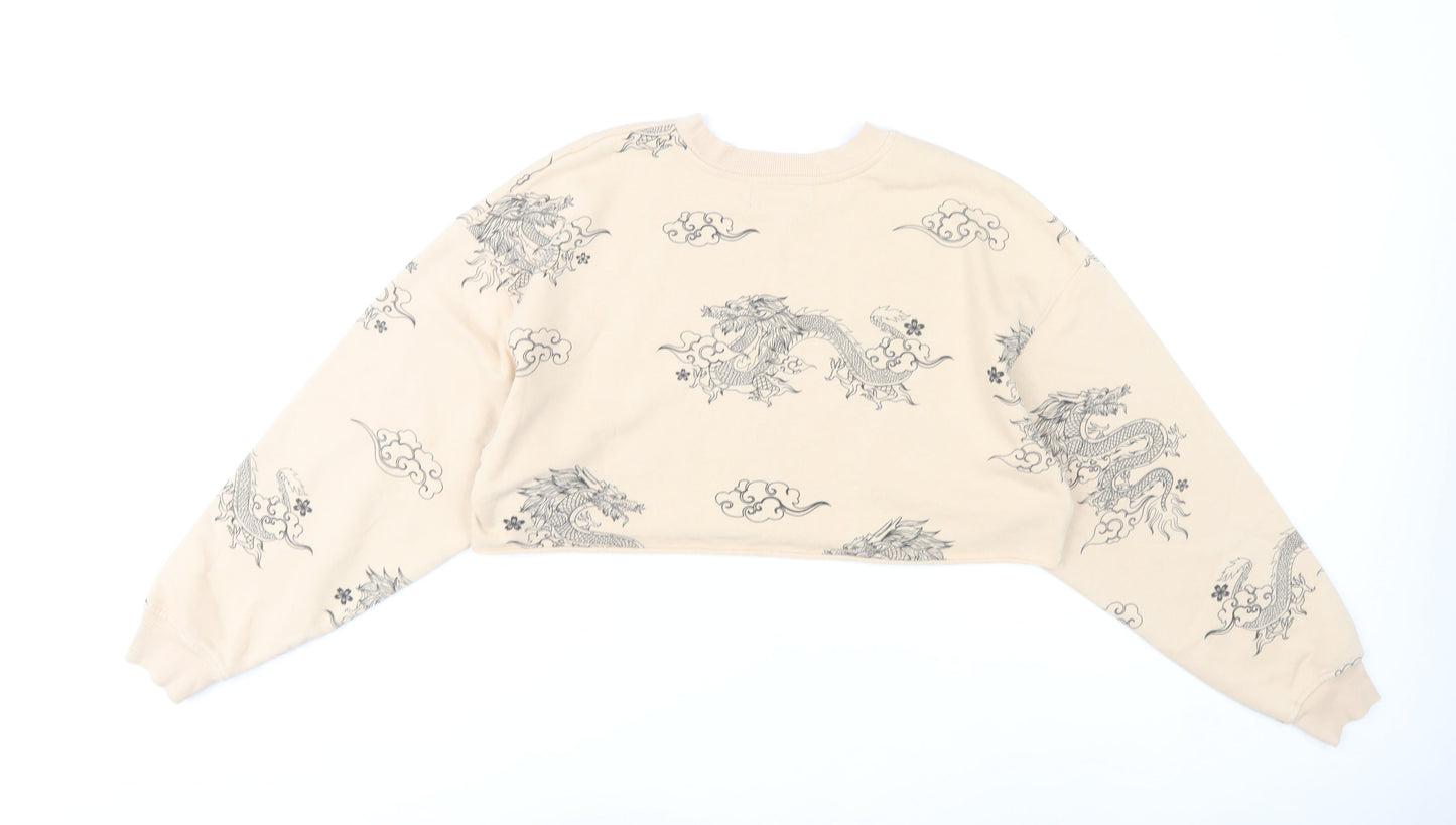 Bershka Women’s Beige Dragon Print Sweatshirt XS Pullover Crew Neck