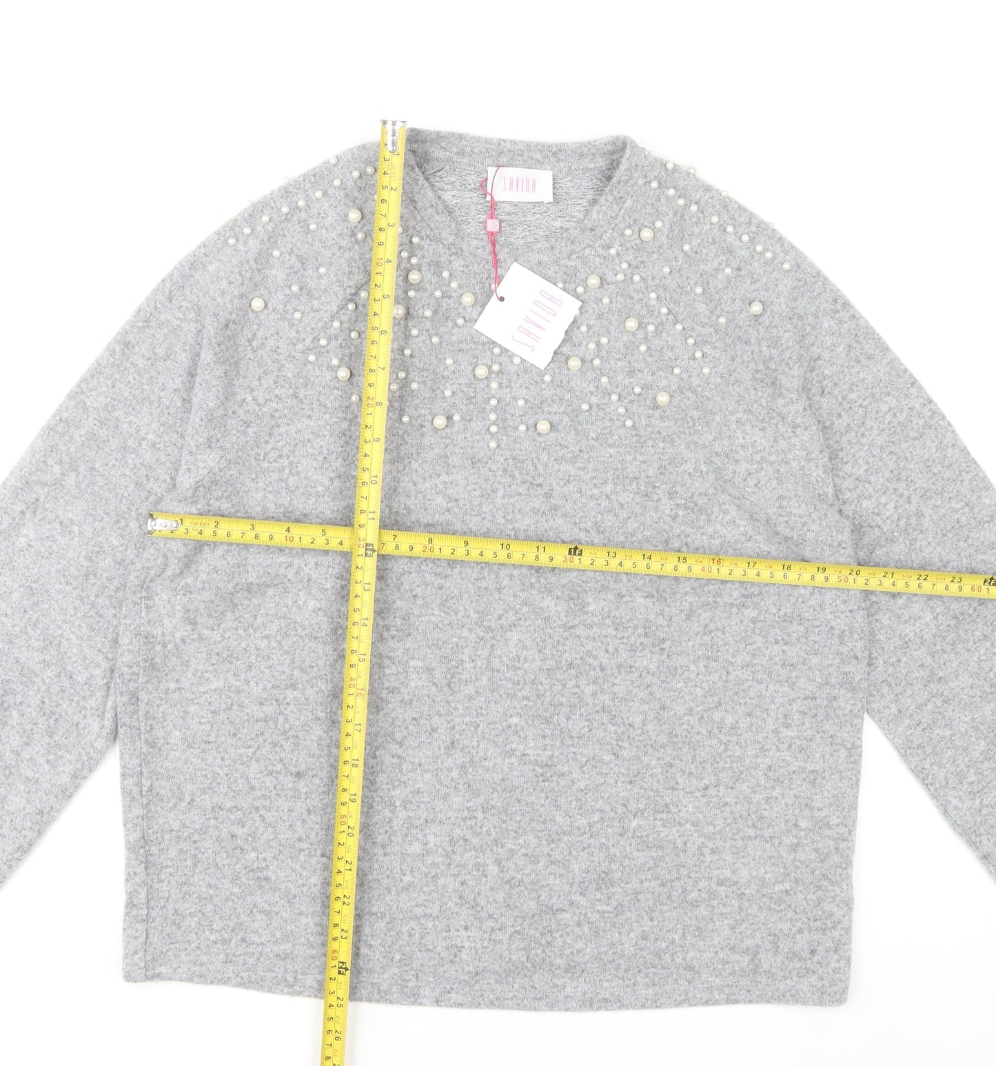 Savida Women’s Grey Beaded Pullover Jumper Size 14 Regular Knit