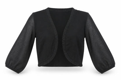 Savida Women Black Cropped Blouse L Ruffle Open Front 3/4 Sleeve