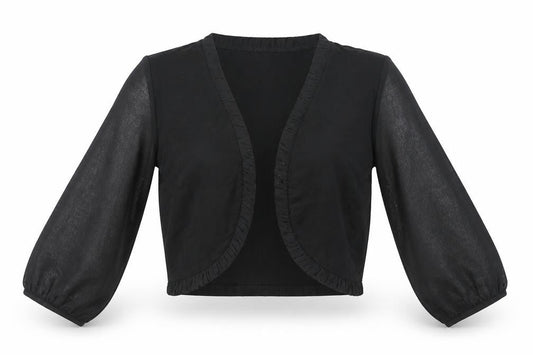 Savida Women Black Cropped Blouse L Ruffle Open Front 3/4 Sleeve
