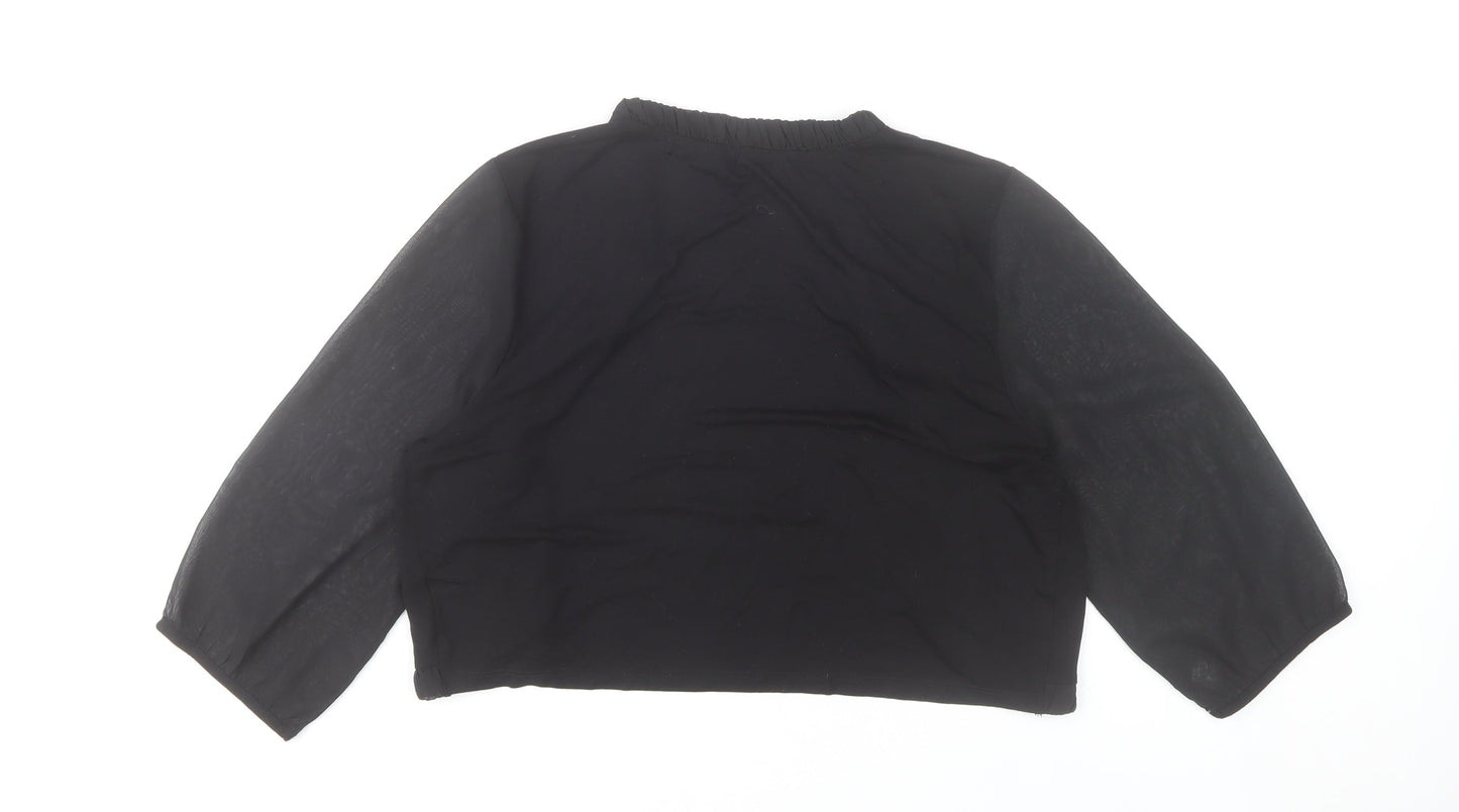 Savida Women Black Cropped Blouse L Ruffle Open Front 3/4 Sleeve