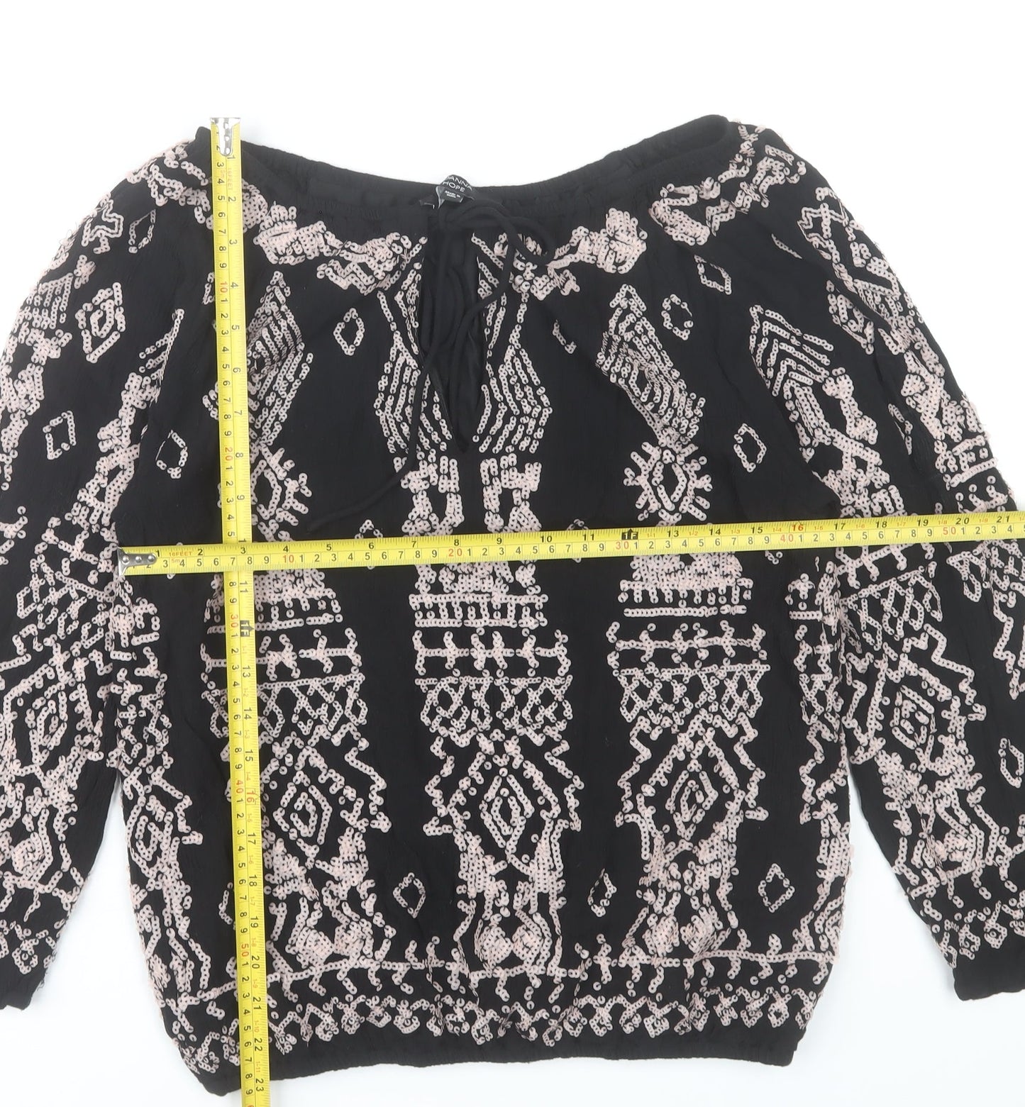Joanna Hope Womens Black Sequin Beaded Blouse Size 10 Bohemian 3/4 Sleeve