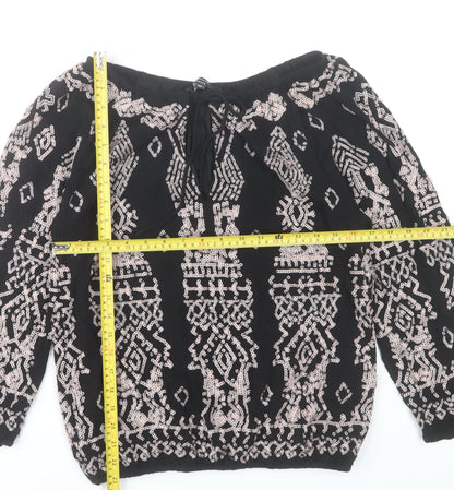 Joanna Hope Womens Black Sequin Beaded Blouse Size 10 Bohemian 3/4 Sleeve