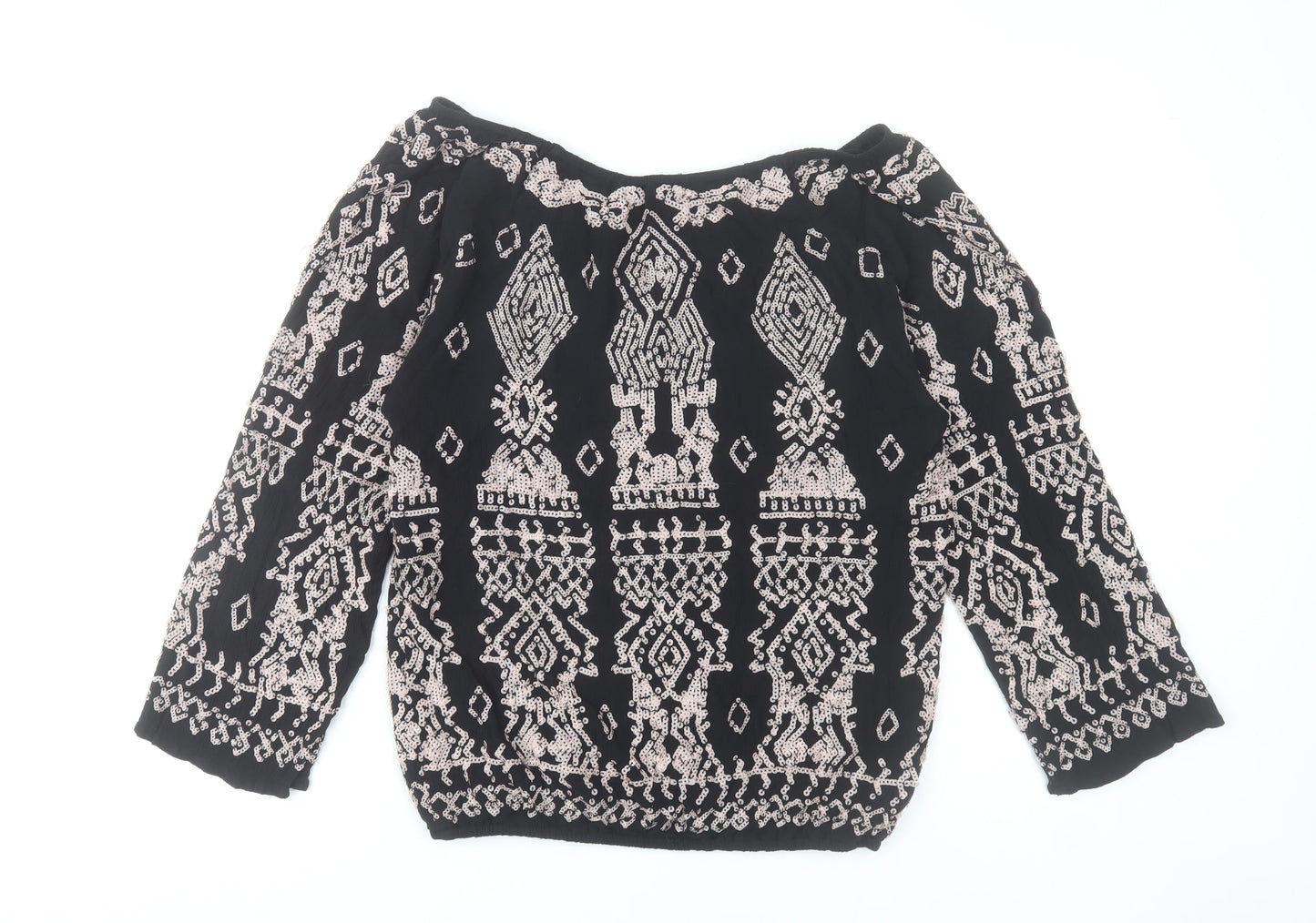 Joanna Hope Womens Black Sequin Beaded Blouse Size 10 Bohemian 3/4 Sleeve