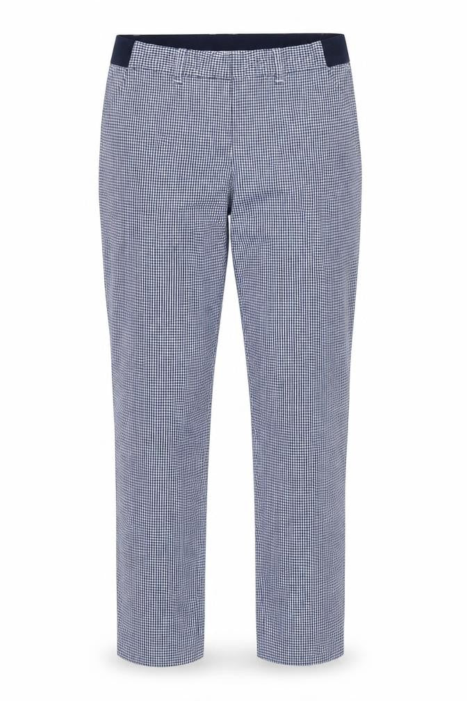 Front view of Gallery women’s blue check slim fit chino trousers, size UK 10