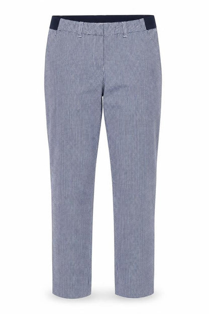 Front view of Gallery women’s blue check slim fit chino trousers, size UK 10