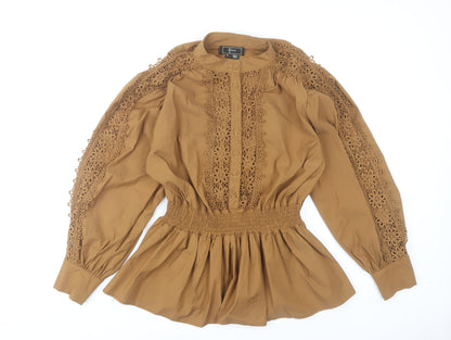 Faina Women’s Brown Lace Detail Tunic Blouse Size M Long Sleeve