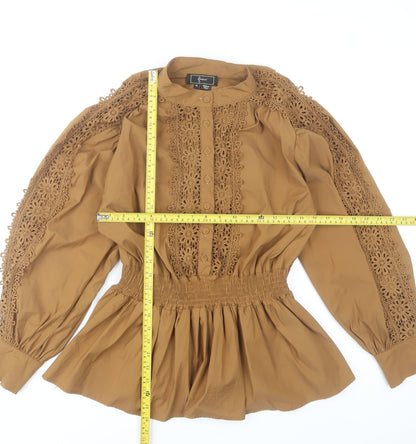 Faina Women’s Brown Lace Detail Tunic Blouse Size M Long Sleeve
