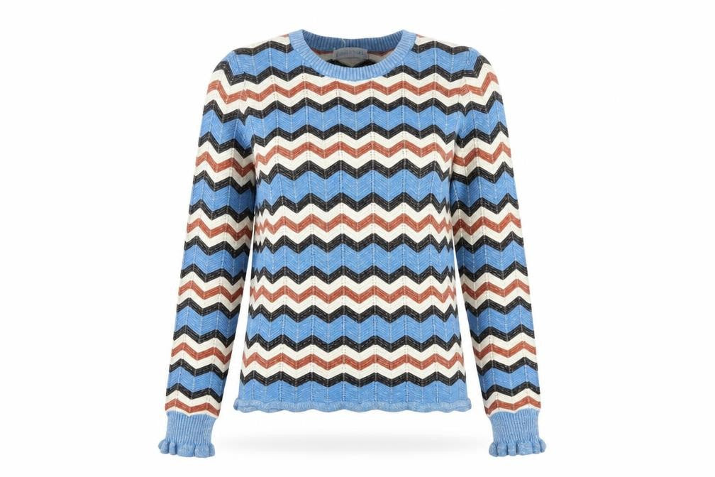 Front view of Gallery women’s blue retro geometric knit jumper, size UK 8