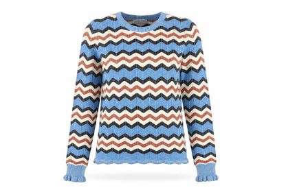 Front view of Gallery women’s blue retro geometric knit jumper, size UK 8