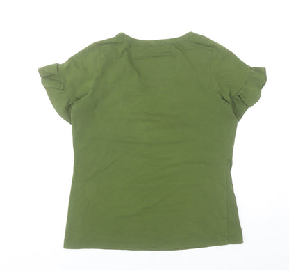 Rowen Avenue Womens Green Ruffle Sleeve Scoop Neck T-Shirt Size M