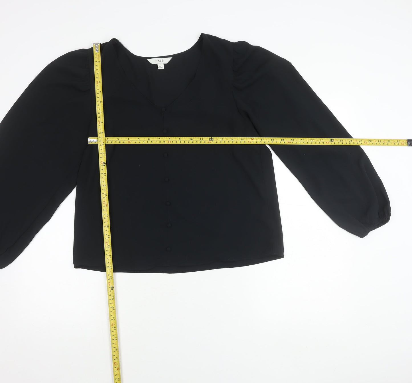 Marks and Spencer Womens Black Size 12 V-Neck Blouse Long Sleeve