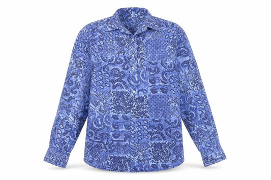 Front view of American Terrain unisex blue paisley button-up shirt l long sleeve