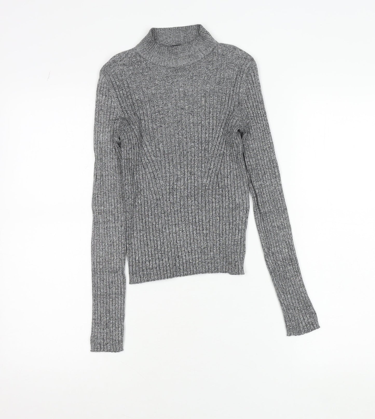 Bershka Women Grey Slim Fit Mock Neck Ribbed Knit Jumper Size S