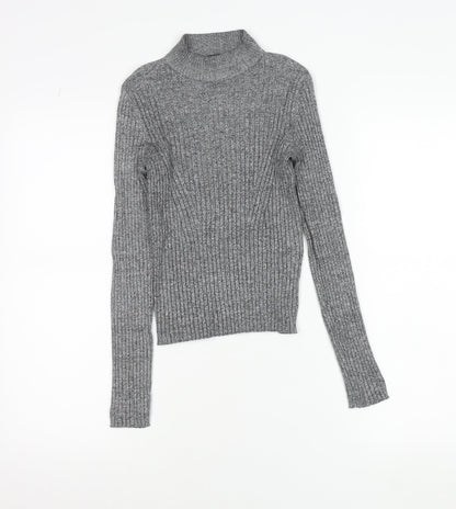 Bershka Women Grey Slim Fit Mock Neck Ribbed Knit Jumper Size S