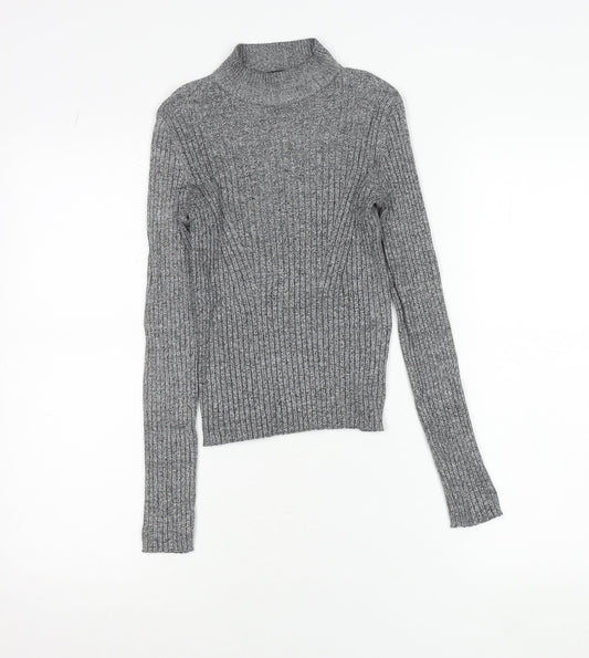 Bershka Women Grey Slim Fit Mock Neck Ribbed Knit Jumper Size S