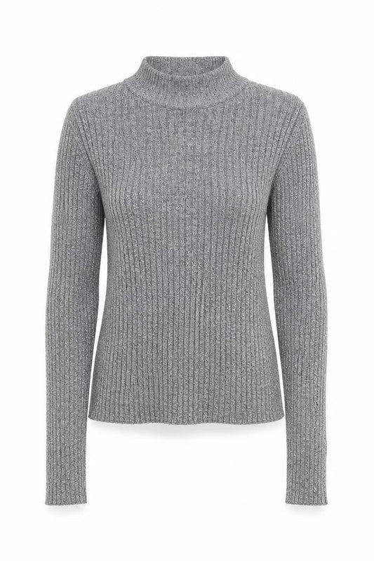 Bershka Women Grey Slim Fit Mock Neck Ribbed Knit Jumper Size S