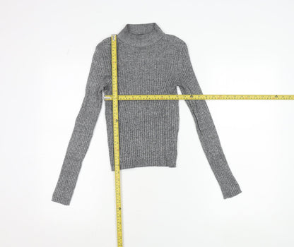 Bershka Women Grey Slim Fit Mock Neck Ribbed Knit Jumper Size S