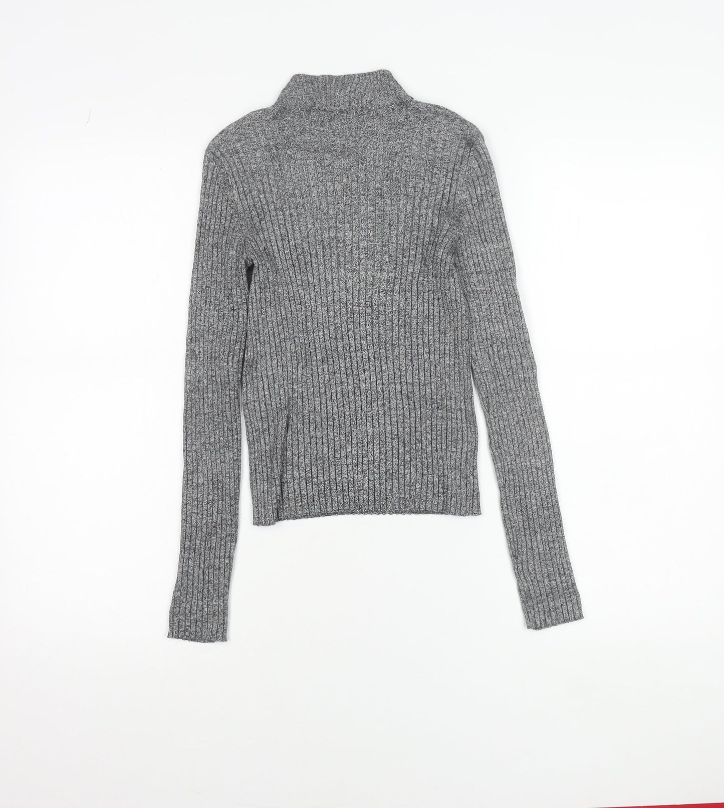 Bershka Women Grey Slim Fit Mock Neck Ribbed Knit Jumper Size S