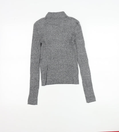 Bershka Women Grey Slim Fit Mock Neck Ribbed Knit Jumper Size S