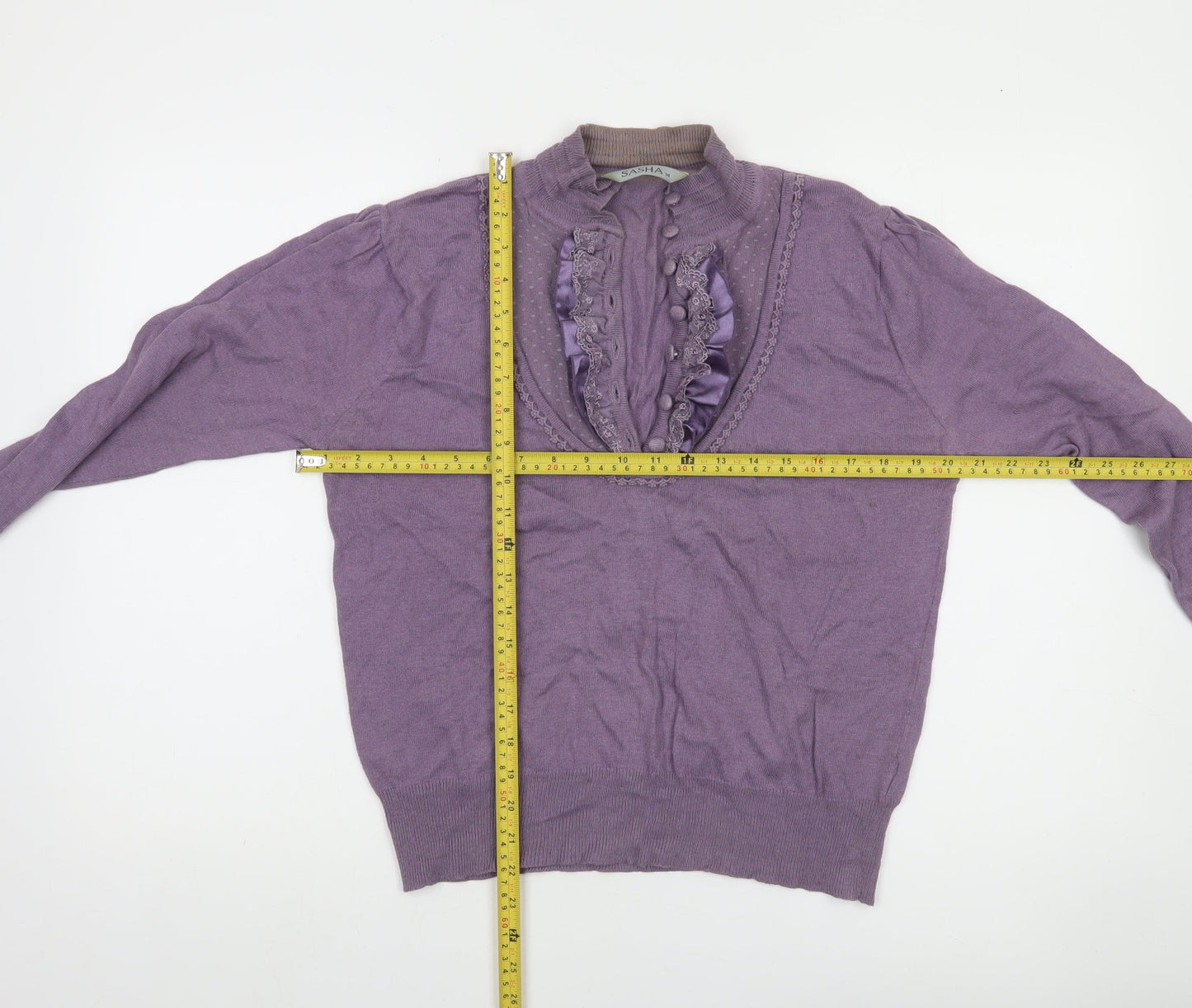 Sasha Women Purple Size 14 Ruffle V-Neck Long Sleeve Pullover Jumper