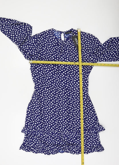 Boohoo Womens Blue Polka Dot Ruffle Wrap Dress Size 8