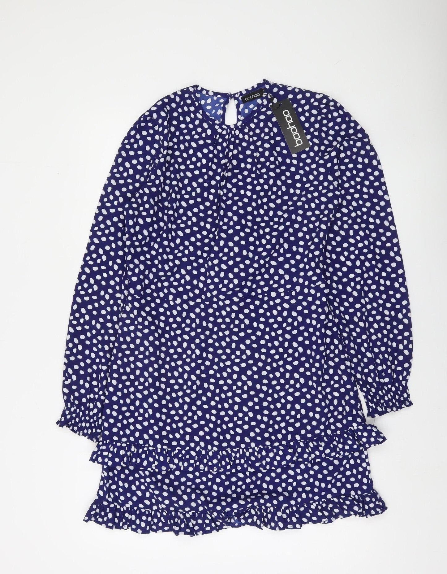 Boohoo Womens Blue Polka Dot Ruffle Wrap Dress Size 8