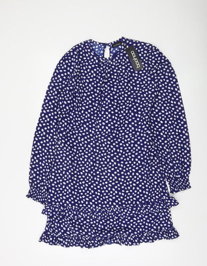 Boohoo Womens Blue Polka Dot Ruffle Wrap Dress Size 8