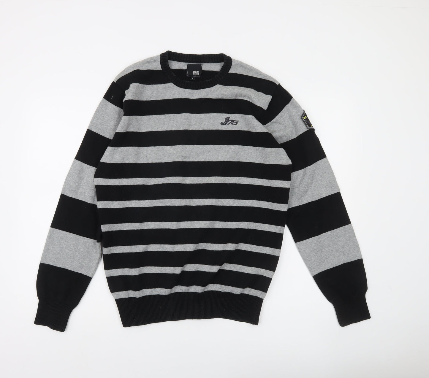 Jack & Jones Mens Grey Black Striped Crew Neck Pullover Jumper XL