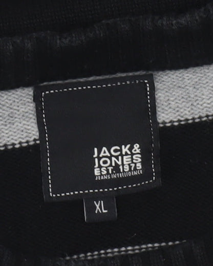 Jack & Jones Mens Grey Black Striped Crew Neck Pullover Jumper XL