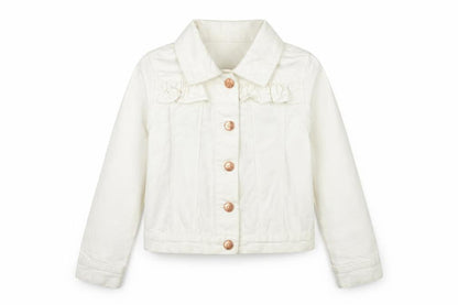 Front view of St. Bernard girls’ ivory cotton basic jacket age 7 button-up ruffle detail