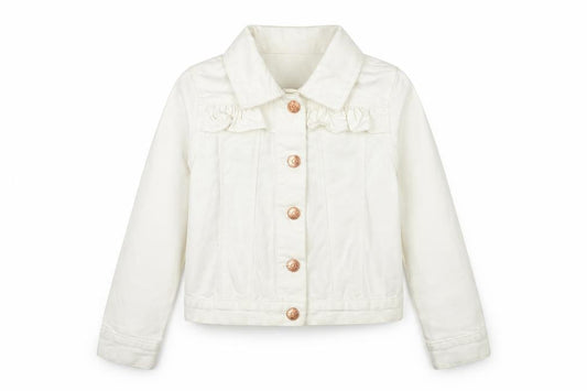 Front view of St. Bernard girls’ ivory cotton basic jacket age 7 button-up ruffle detail