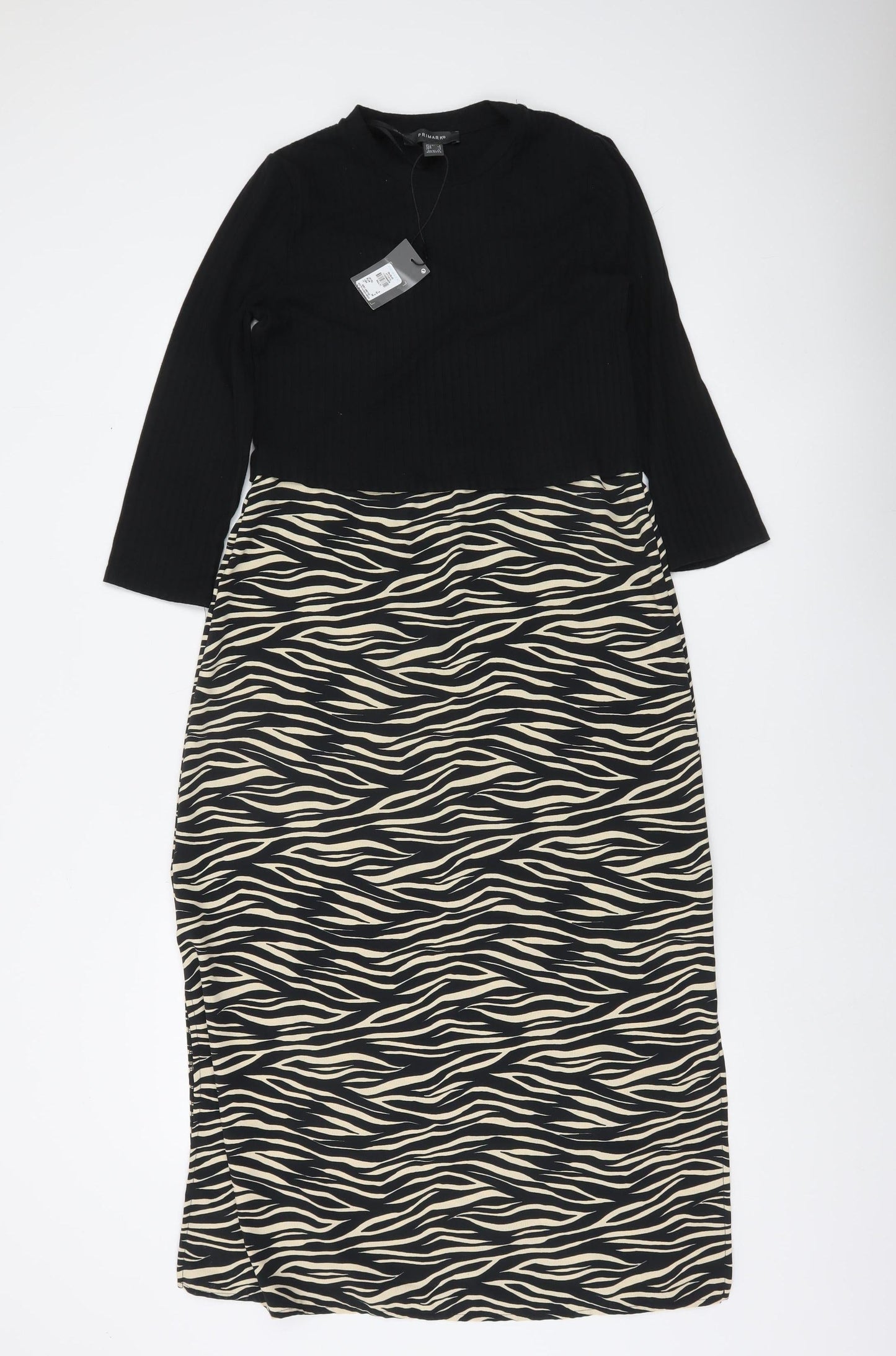 Primark Women’s Black Zebra Print Midi Bodycon Dress Size 6