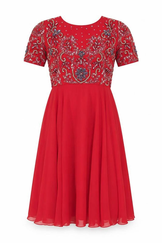 Amber Women's Red Beaded Embellished A-Line Midi Dress M
