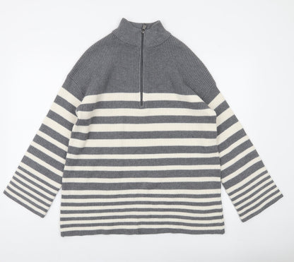 Dunnes Stores Women’s Grey Striped High Neck Half Zip Knit Jumper Size S