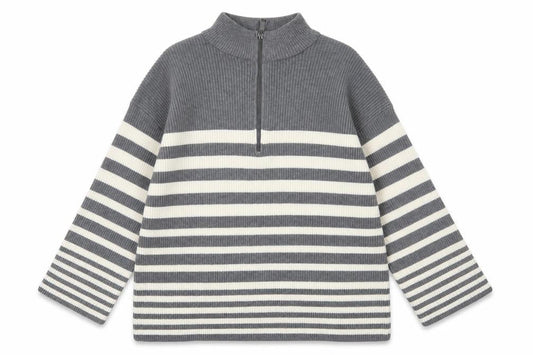 Dunnes Stores Women’s Grey Striped High Neck Half Zip Knit Jumper Size S