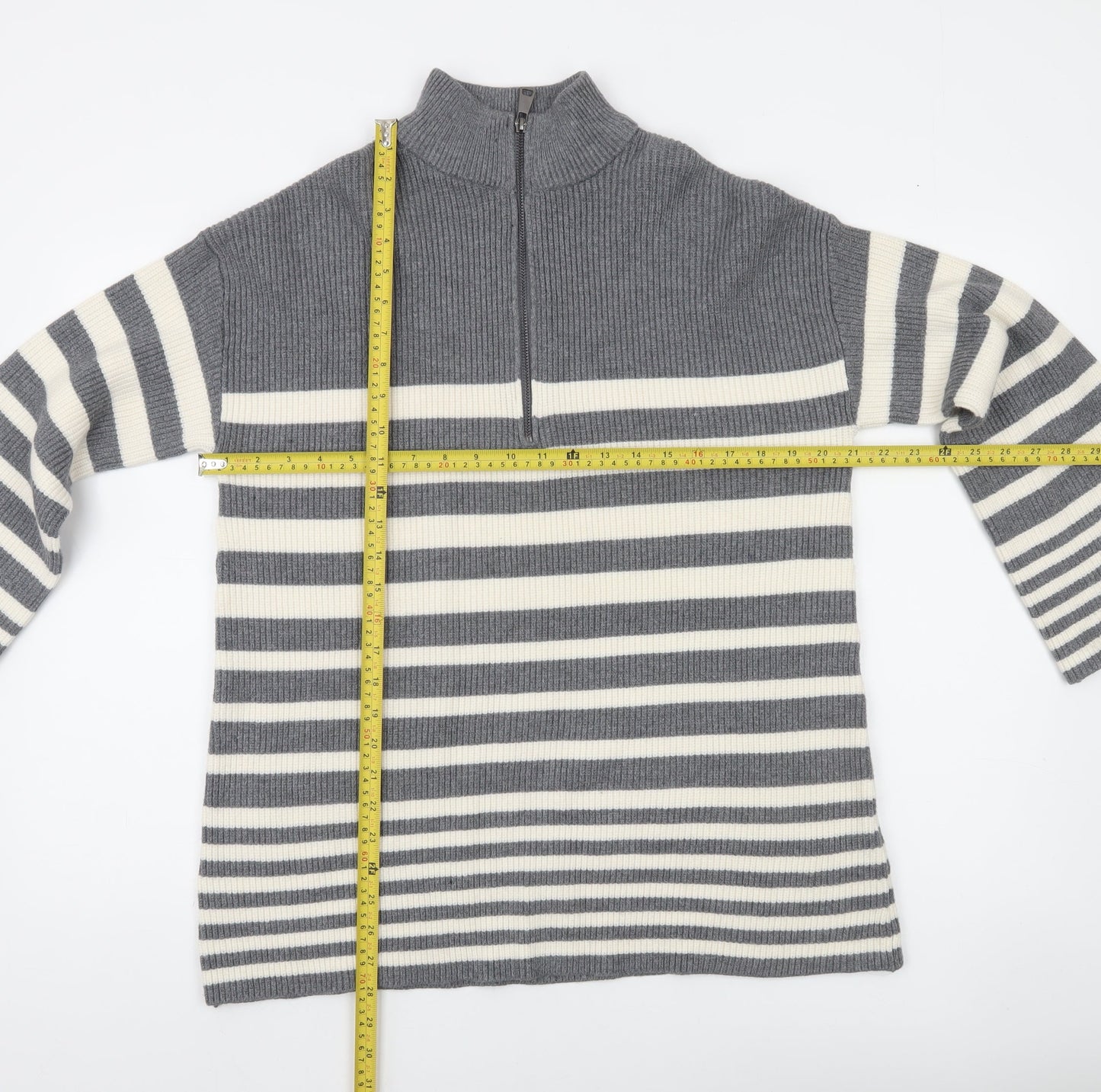 Dunnes Stores Women’s Grey Striped High Neck Half Zip Knit Jumper Size S