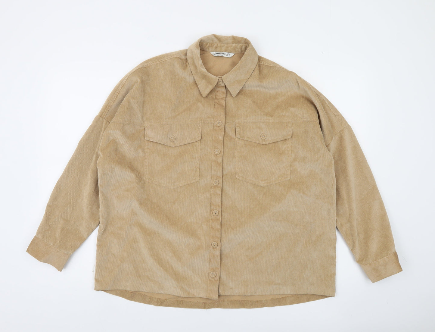 Stradivarius Women Beige Corduroy Button-Up Shirt Size S