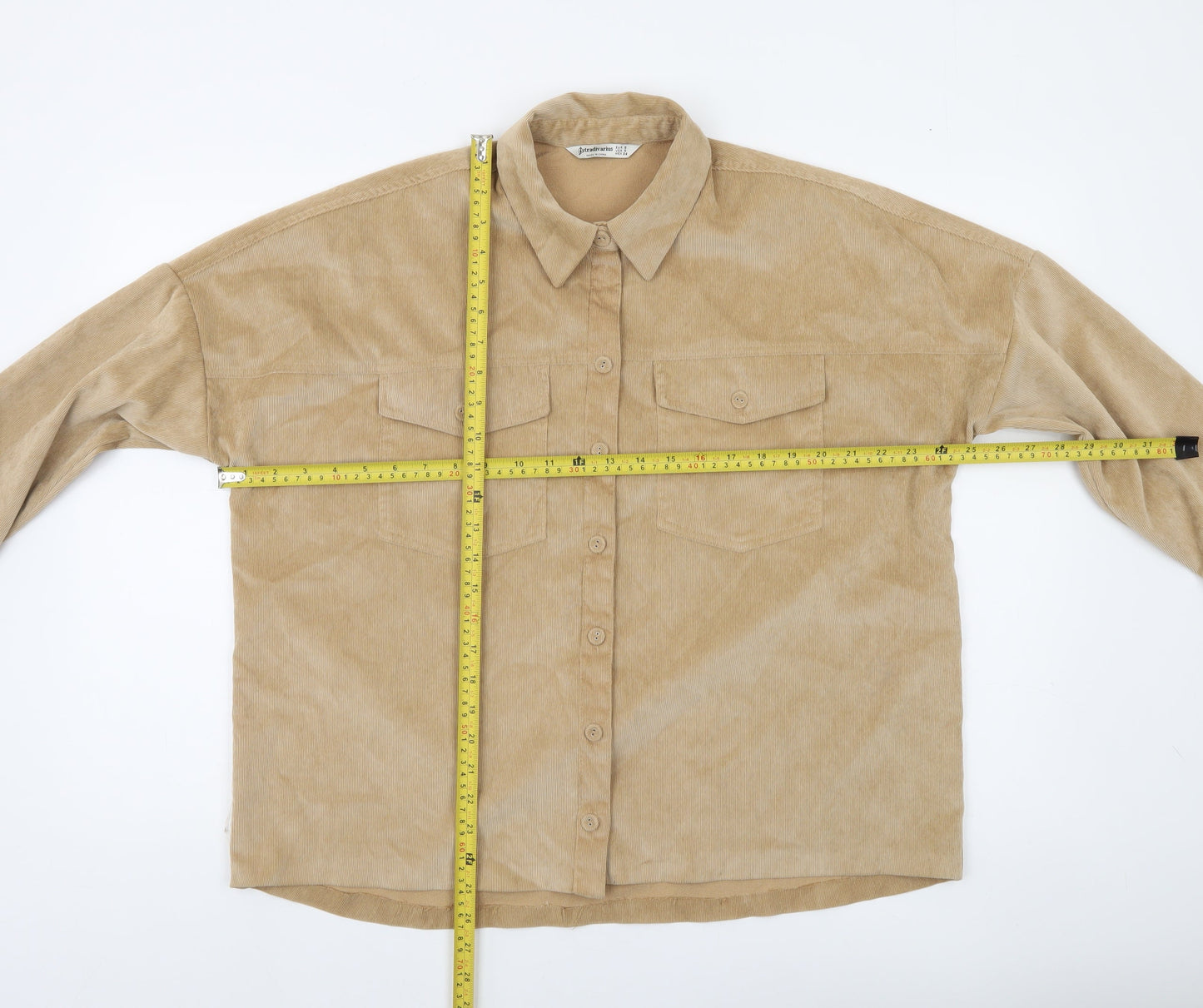 Stradivarius Women Beige Corduroy Button-Up Shirt Size S