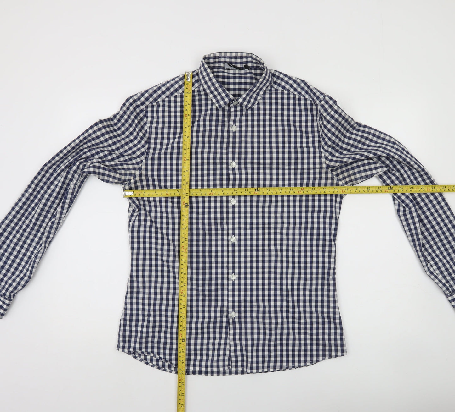 ASOS DESIGN Men's Blue Check Slim Fit Long Sleeve Button-Up Shirt M