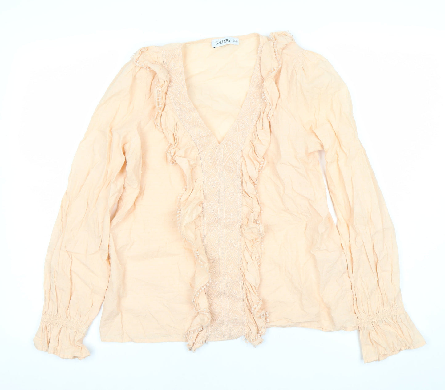 Gallery Women’s Beige Cotton Ruffle Long Sleeve Tunic Blouse UK 10