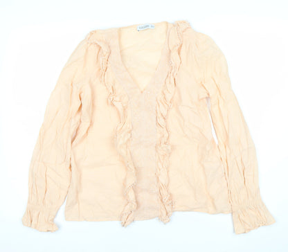 Gallery Women’s Beige Cotton Ruffle Long Sleeve Tunic Blouse UK 10