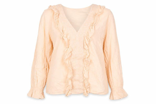 Front view of Gallery Women’s Beige Cotton Ruffle Long Sleeve Tunic Blouse UK 10